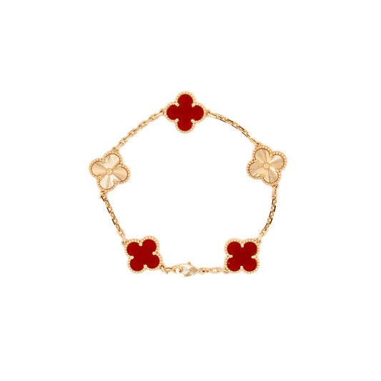 Van Cleef and Arpels vintage Alhambra bracelet 5 motifs 18k rose gold, carnelian