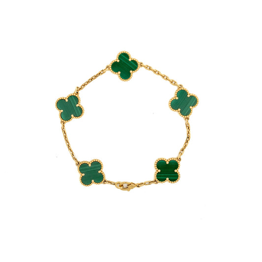 Van Cleef and Arpels vintage Alhambra bracelet 5 motif, Yellow Gold, Malacheite