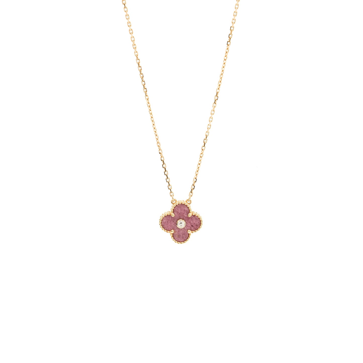 Van Cleef and Arpels 2021 holiday limited vintage Alhambra pendant, rose gold/diamond/rhodonite