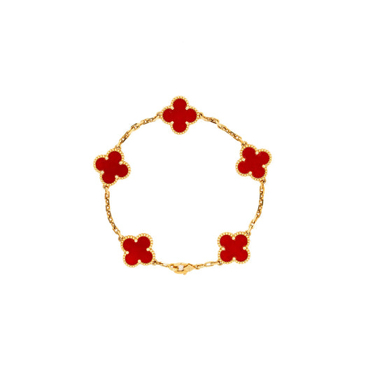 Van Cleef & Arpels Vintage Alhambra Bracelet, 5 Motifs, Carnelian/Yellow Gold