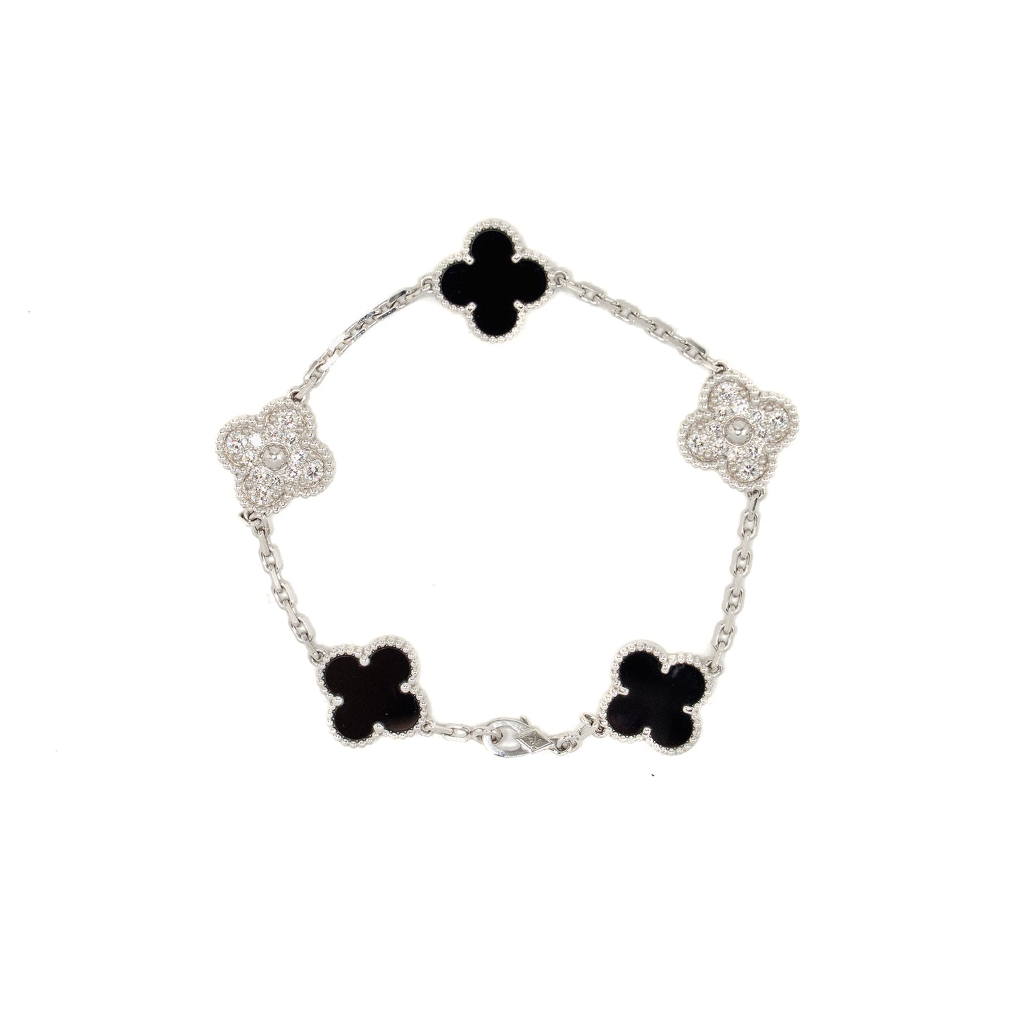 Van Cleef & Arpels Vintage Alhambra Bracelet, 5 Motifs, White Gold/Diamonds/Onyx