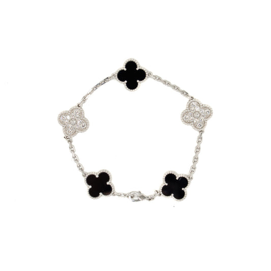 Van Cleef & Arpels Vintage Alhambra Bracelet, 5 Motifs, White Gold/Diamonds/Onyx