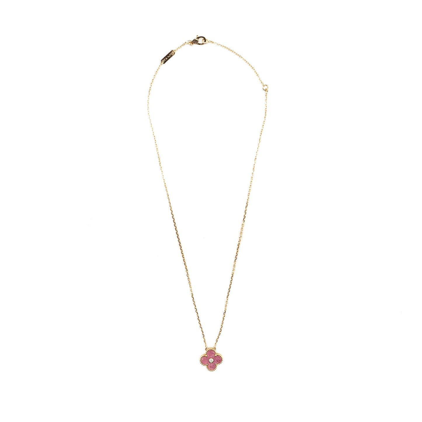 Van Cleef and Arpels 2021 holiday limited vintage Alhambra pendant, rose gold/diamond/rhodonite