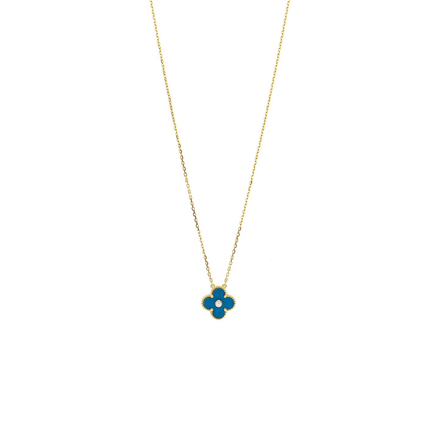 Van Cleef & Arpels Vintage Alhambra Pendant, Celestial Blue Sevres Procelain Yellow Gold, Diamond