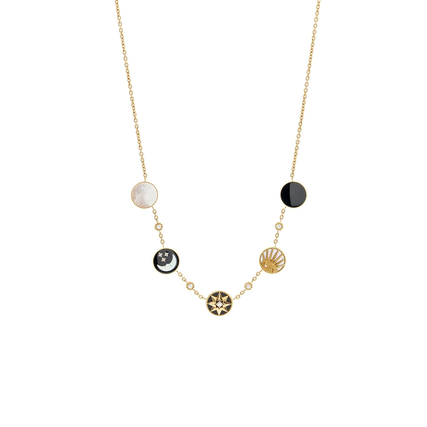 Luxury Dior Rose des Vents and Rose Celeste Necklace Yellow/White Gold/Diamond/Mother of Pearl/Onyx