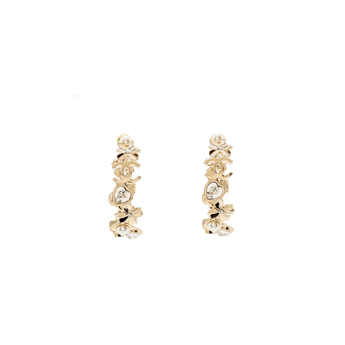Chanel 22S Hoop Earrings Crystal/Pearl Light Gold Tone