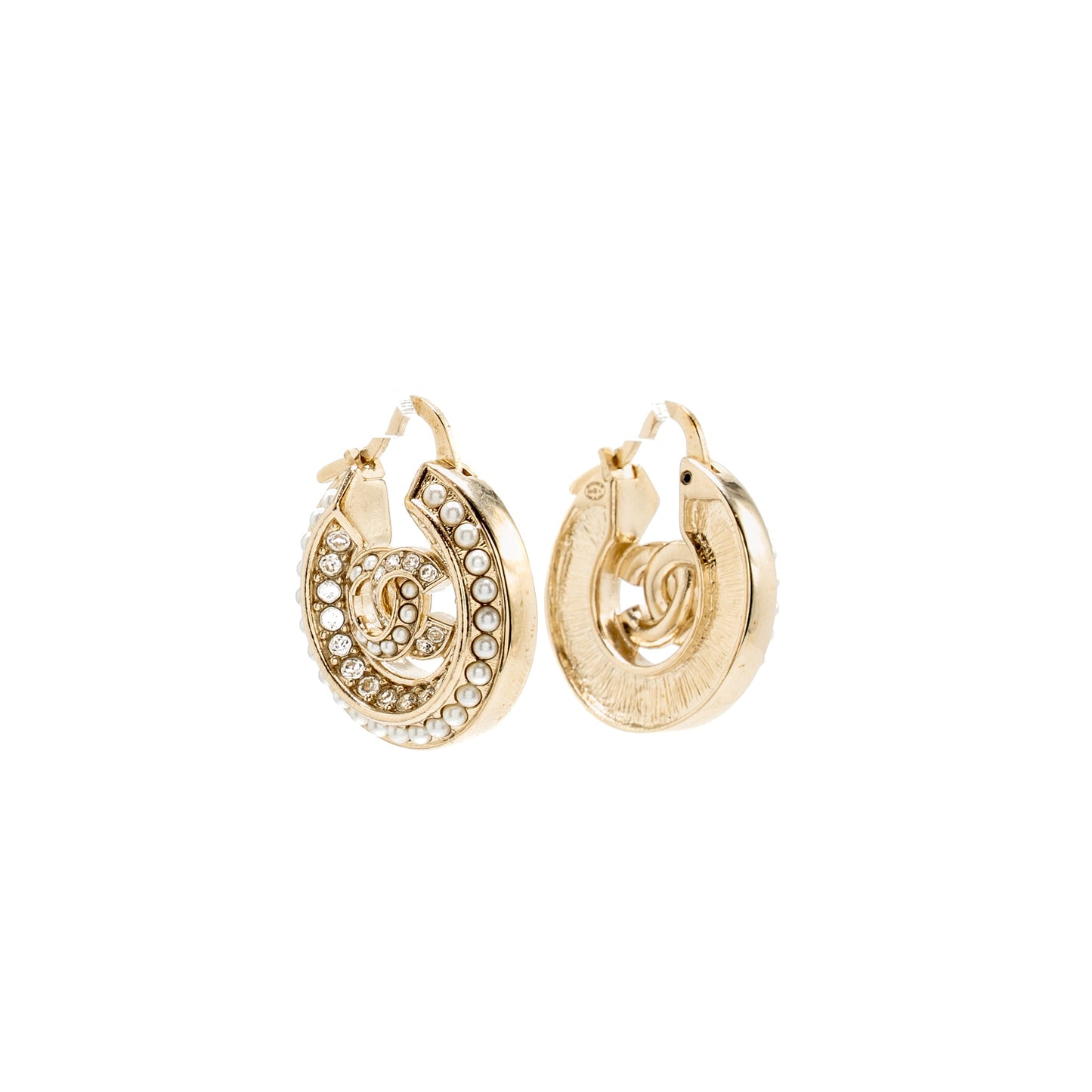 Chanel CC Hoop Earrings Pearl/Crystal Light Gold Tone