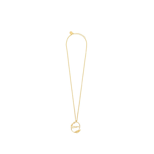 Luxury Dior Flora and Wing Circle Pendant Necklace Gold Tone