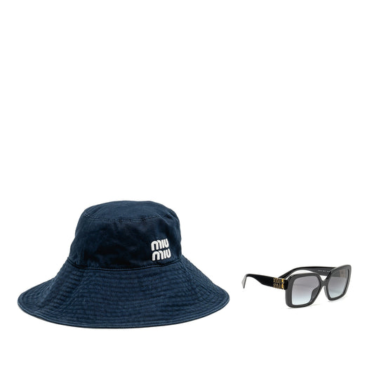 Miu Miu Size S Drill Hat Cotton Dark Blue and Logo Sunglasses Black (Sell in Set)