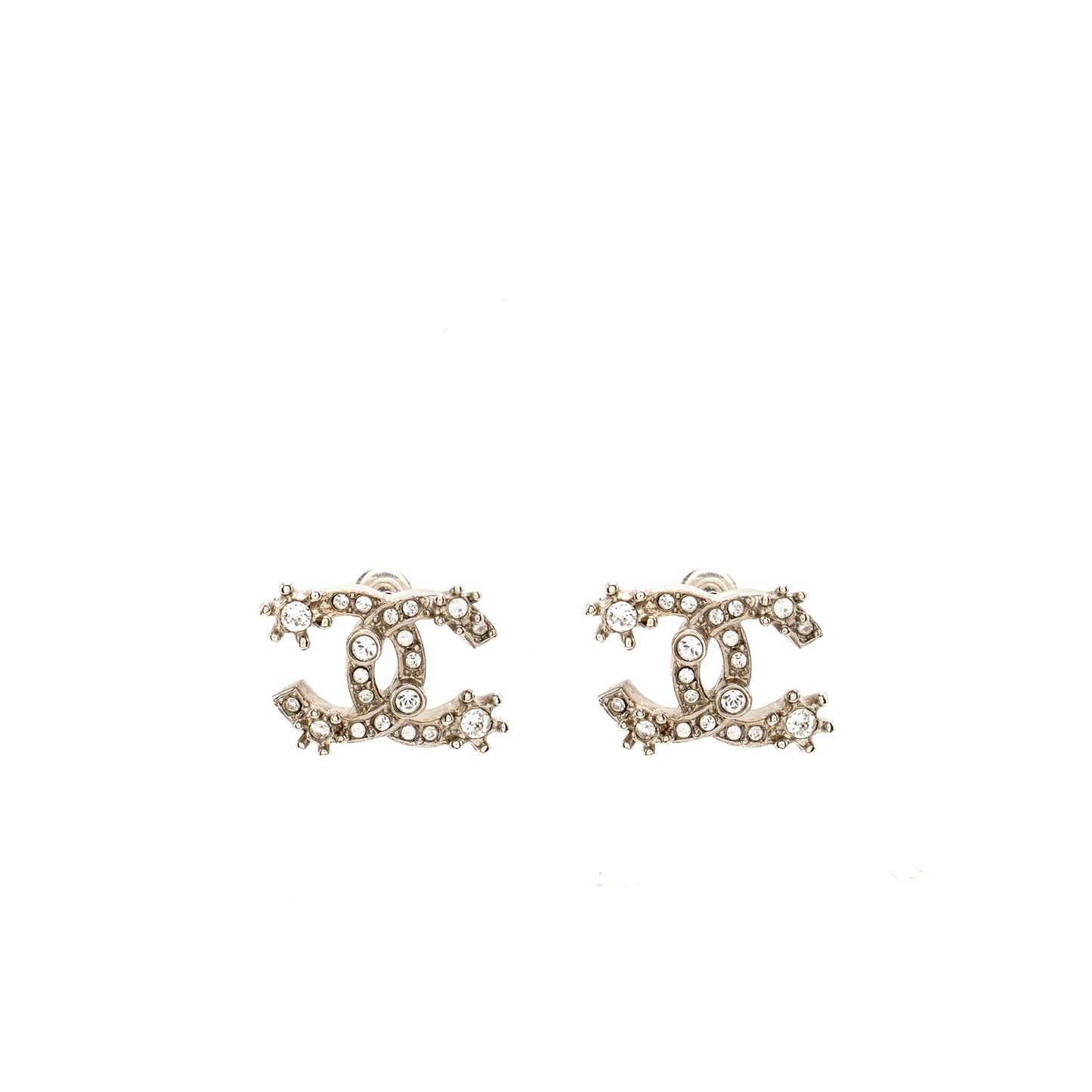 Chanel Crystal CC Logo Earrings Ruthenium Silver Tone