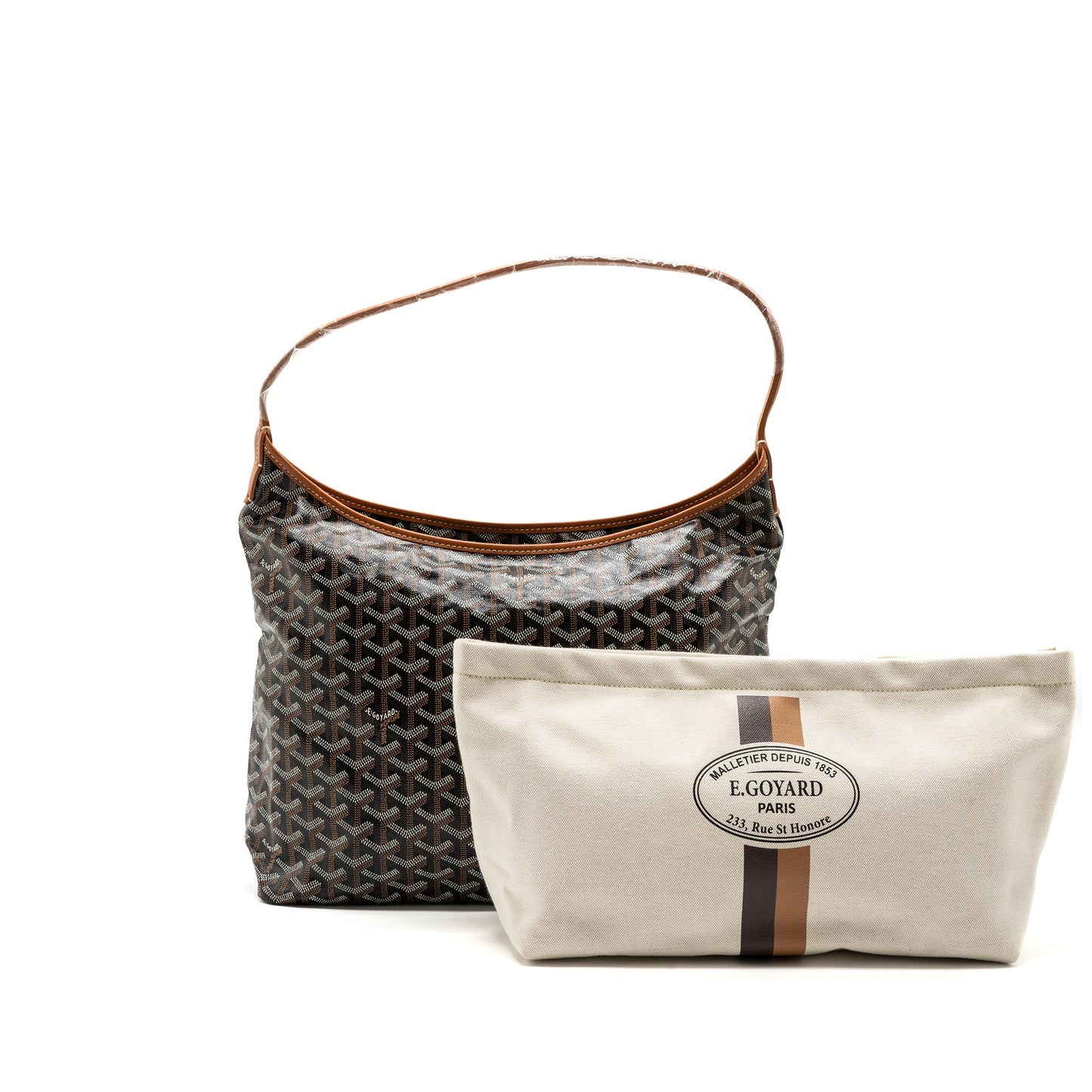Goyard Boheme Hobo Bag Canvas/ Calfskin Black/ Tan SHW With Necessaire Bag Ecru