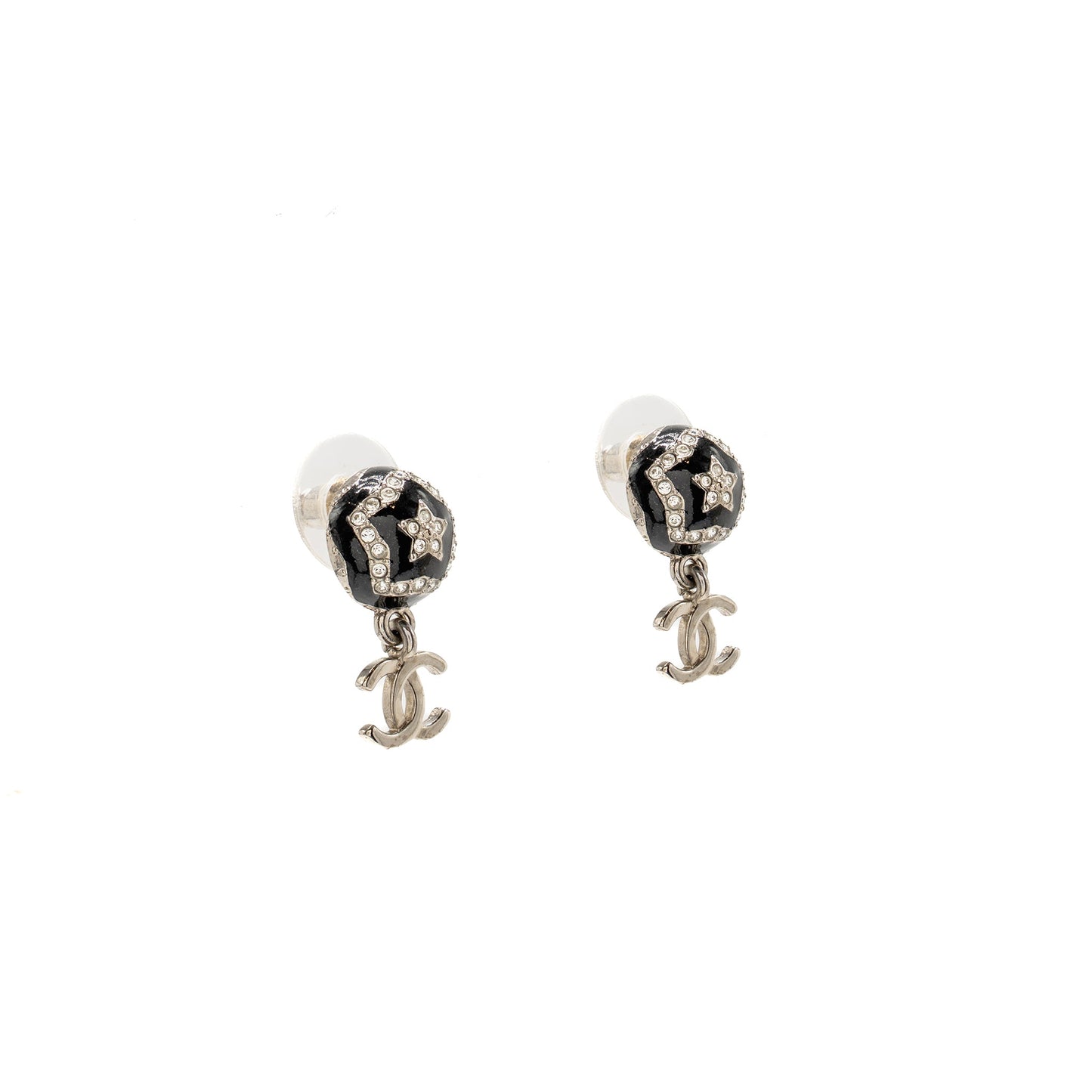 Chanel 23K CC Drop Round Star Earrings Crystal Black Silver Tone