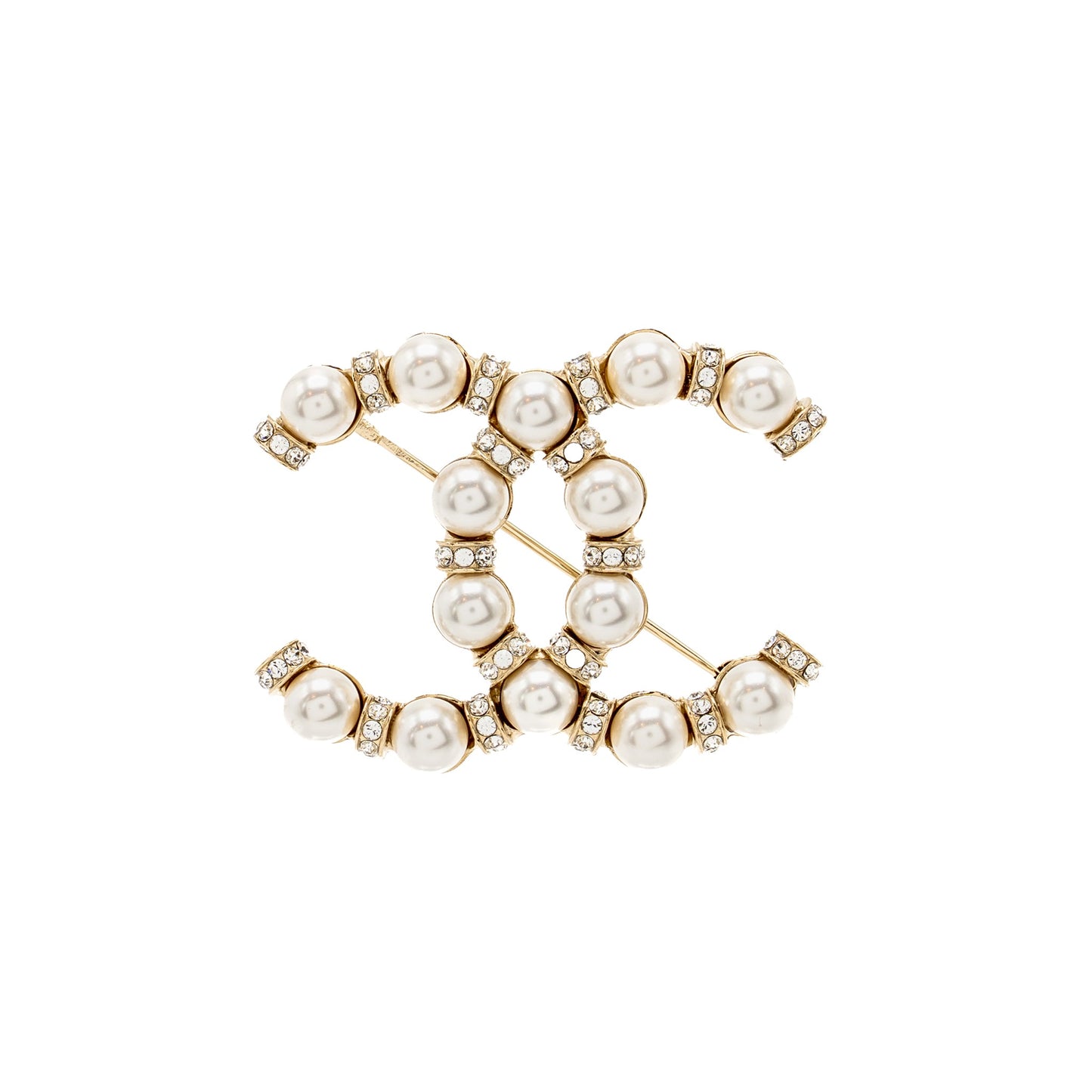 Chanel CC Brooch Pearl/Crystal Light Gold Tone