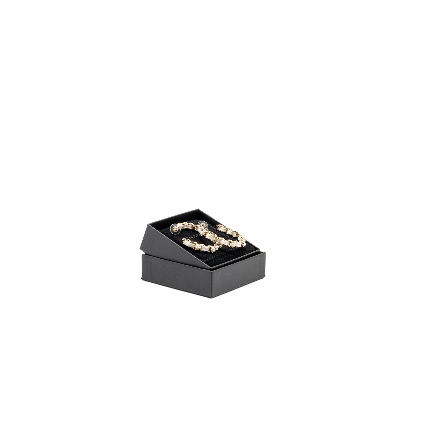 Chanel CC Logo Pearl Leather-Woven Earrings Light Gold Tone