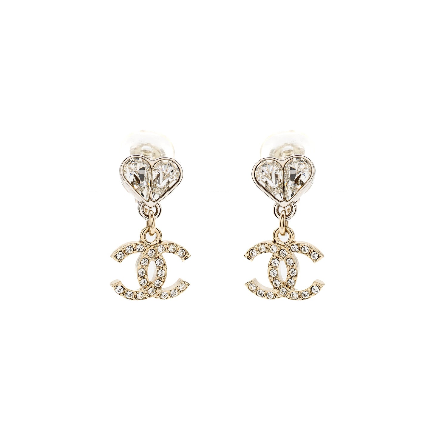Chanel Crystal Heart CC logo Dropped Ear Clips Silver Tone