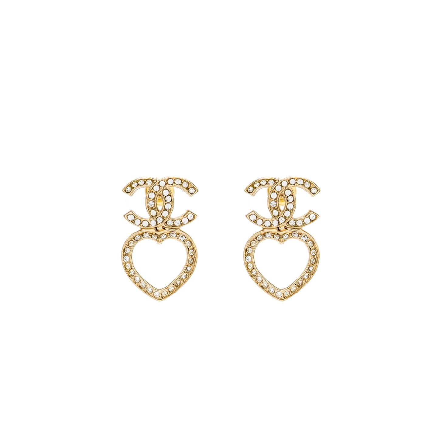 Chanel CC Heart Earrings Crystal Light Gold Tone