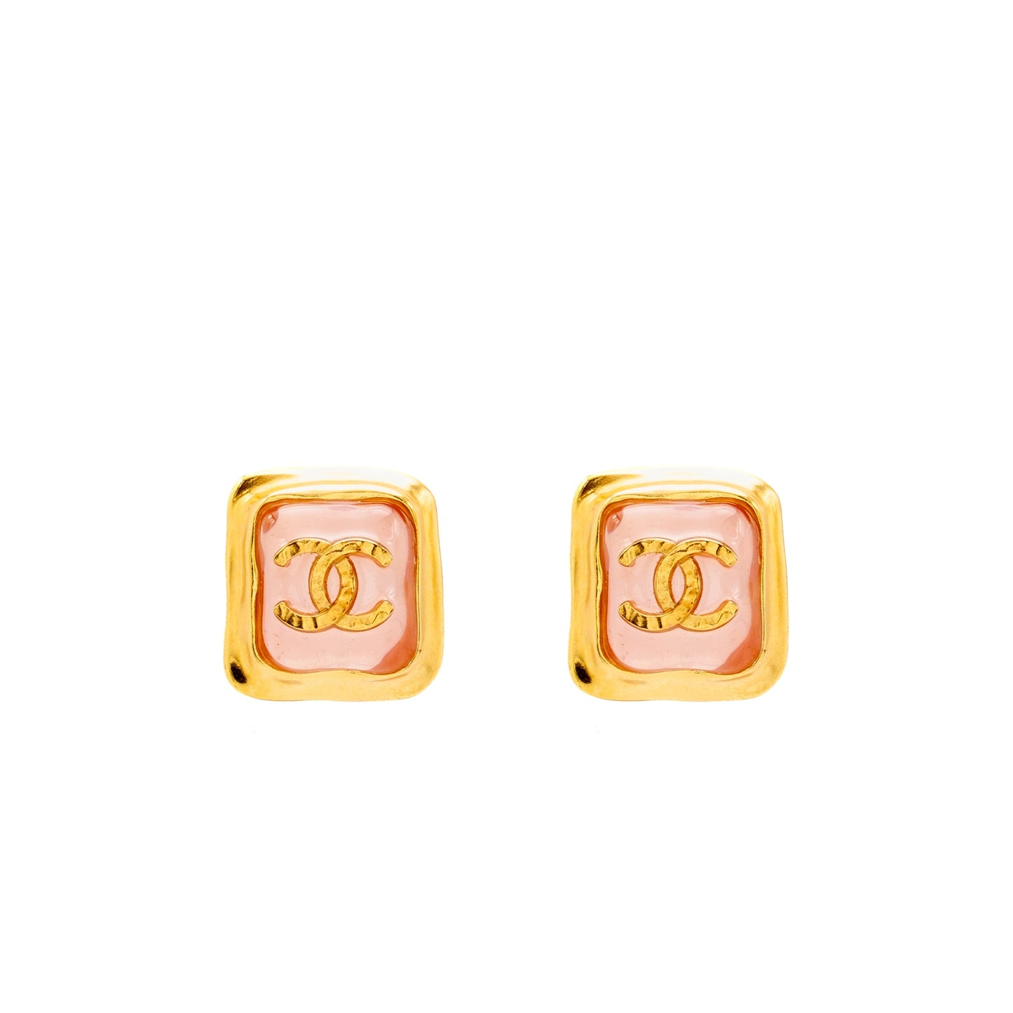 Chanel Pink Resin Square CC Earrings Gold Tone