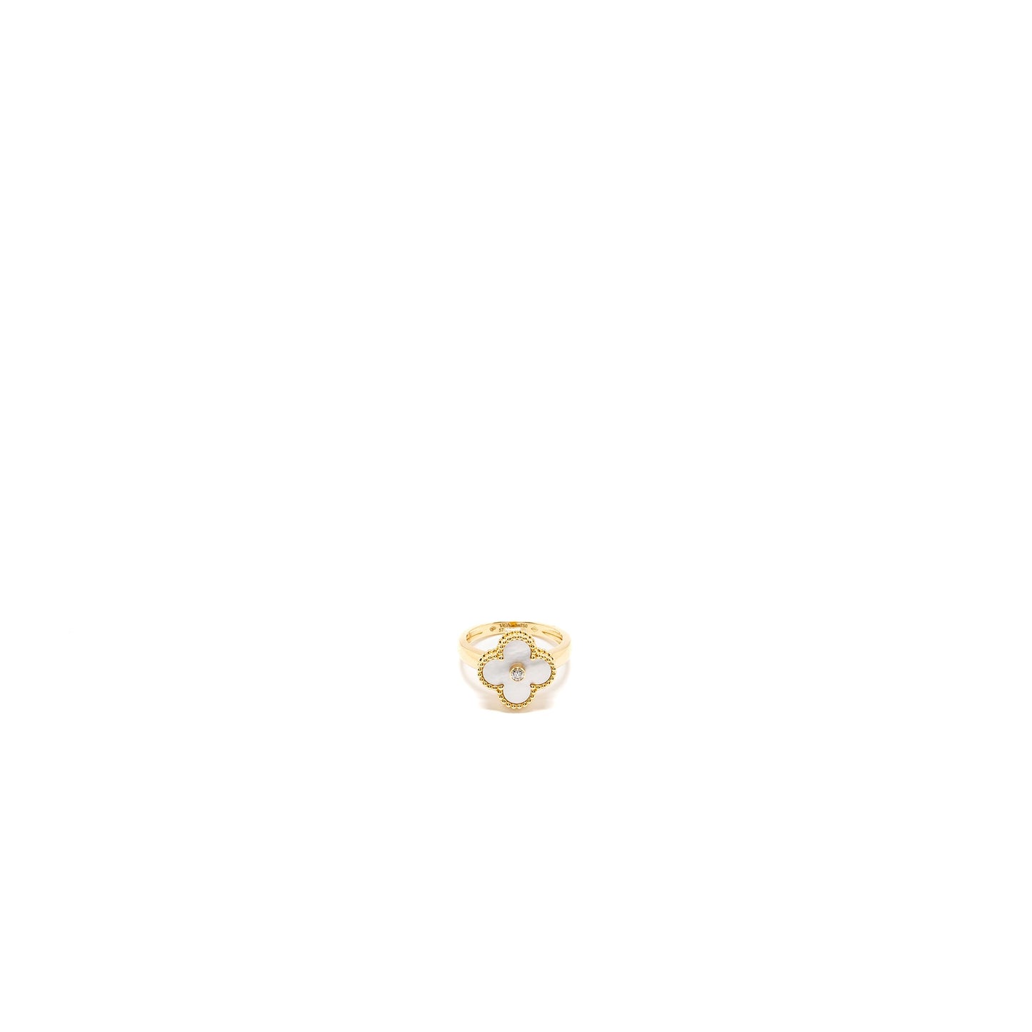 Van Cleef & Arpels Size 57 Vintage Alhambra Ring, 18K Yellow Gold/White mother of pearl/Diamond