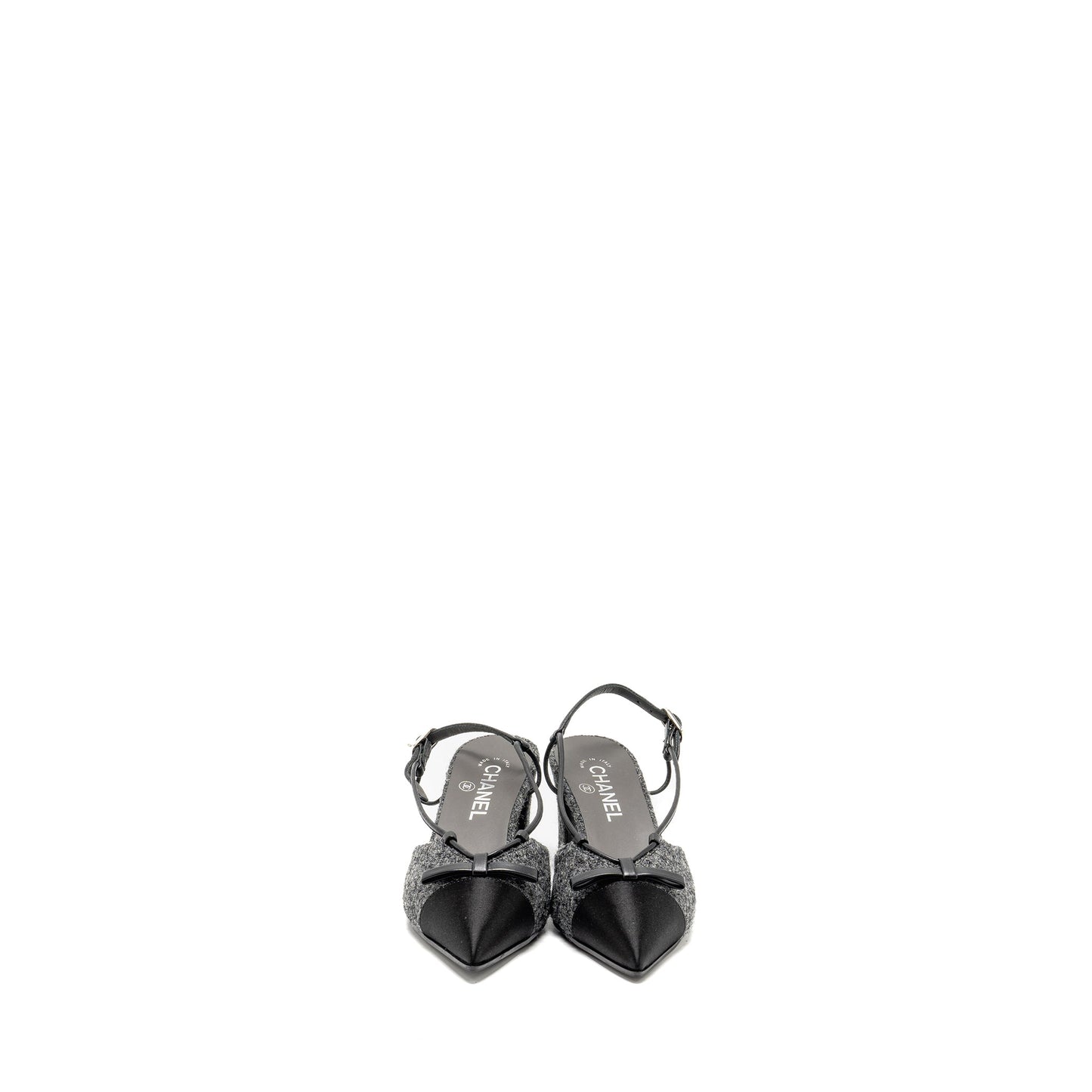 Chanel Size 37.5 Cap Toe CC Slingback Pumps Tweed Grey/Black