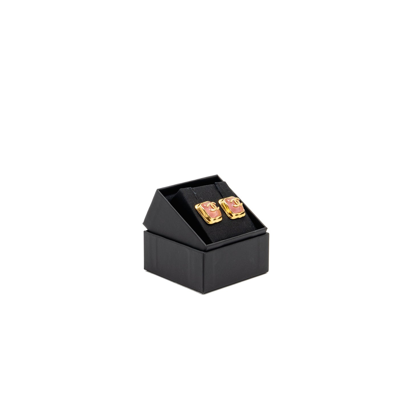 Chanel Pink Resin Square CC Earrings Gold Tone