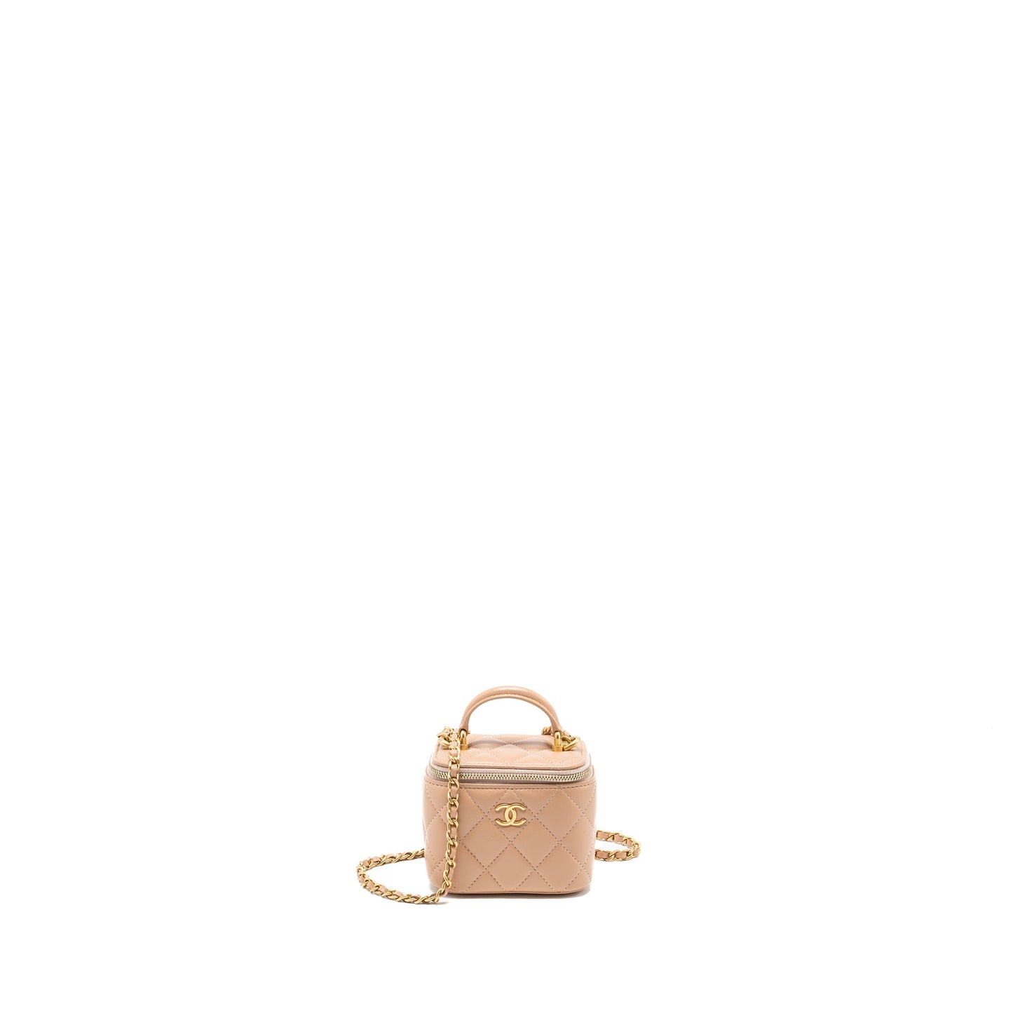 Chanel Top Handle Mini Vanity Case With Chain Lambskin Beige Brushed GHW