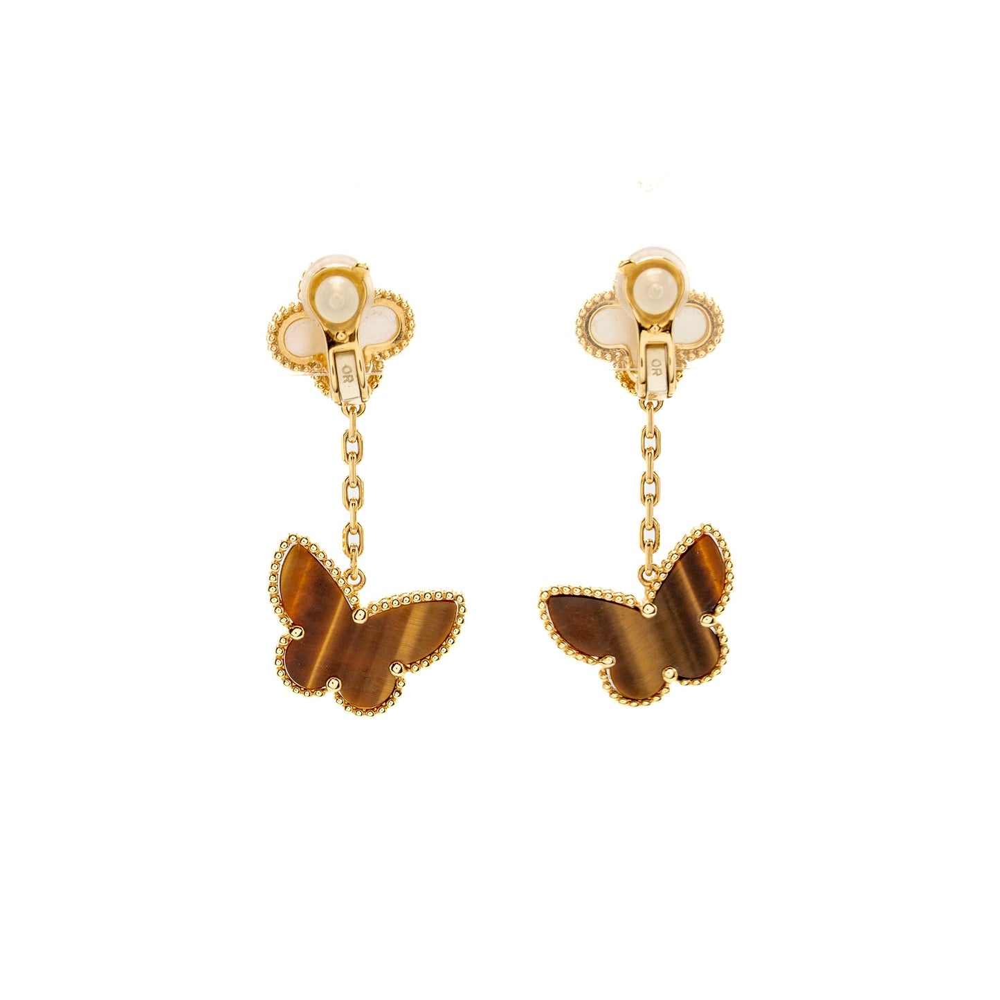 Van Cleef & Arpels  Lucky Alhambra 2-Motif Ear Clips Yellow Gold, White Mother of Pearl, Tiger’s Eye