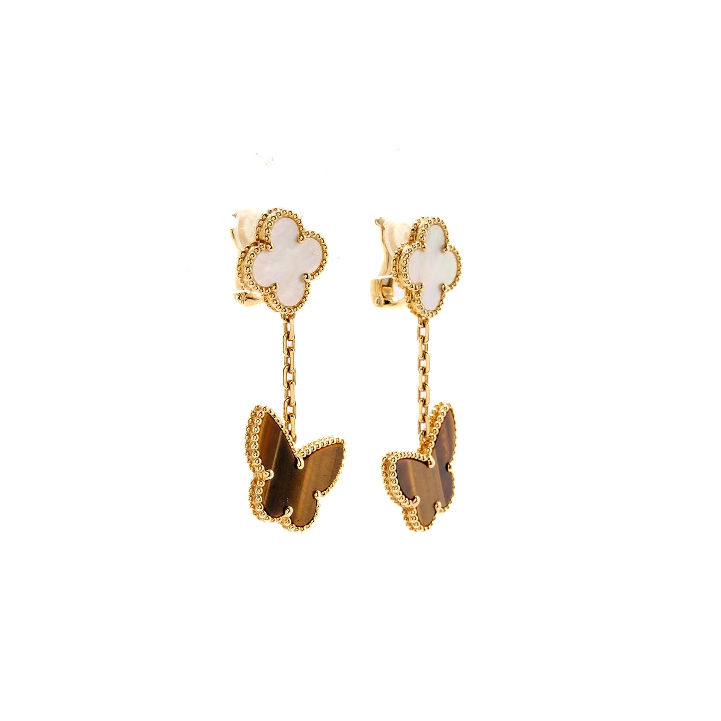 Van Cleef & Arpels  Lucky Alhambra 2-Motif Ear Clips Yellow Gold, White Mother of Pearl, Tiger’s Eye