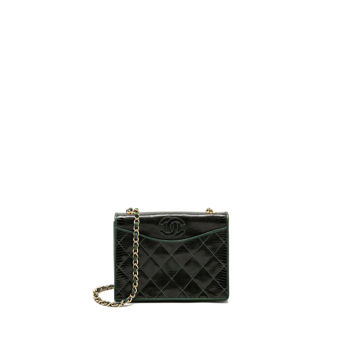 Chanel Vintage Envelop Flap Bag With Chain Lizard Dark Green GHW