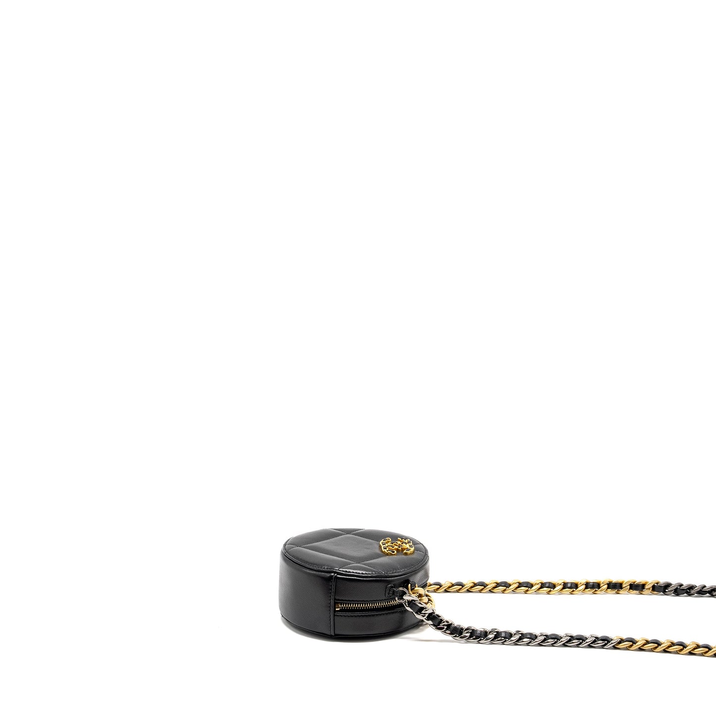 Chanel 19 round clutch with chain lambskin black with multicolor hardware