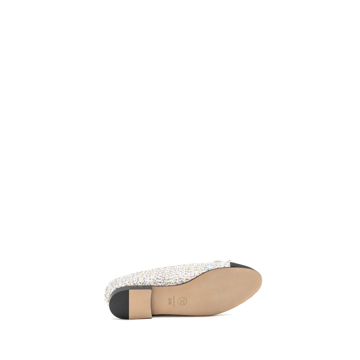 Chanel Size 37.5 23C Ballerinas Flat Shoes Glittered Fabric/Grosgrain White/Multicolour/Black