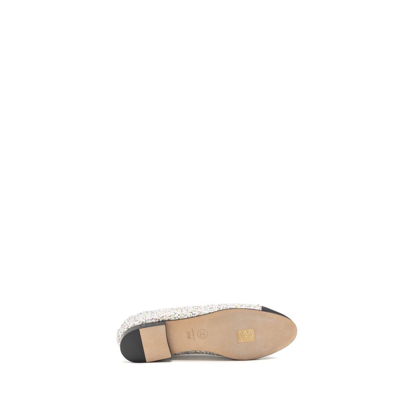 Chanel Size 37.5 23C Ballerinas Flat Shoes Glittered Fabric/Grosgrain White/Multicolour/Black