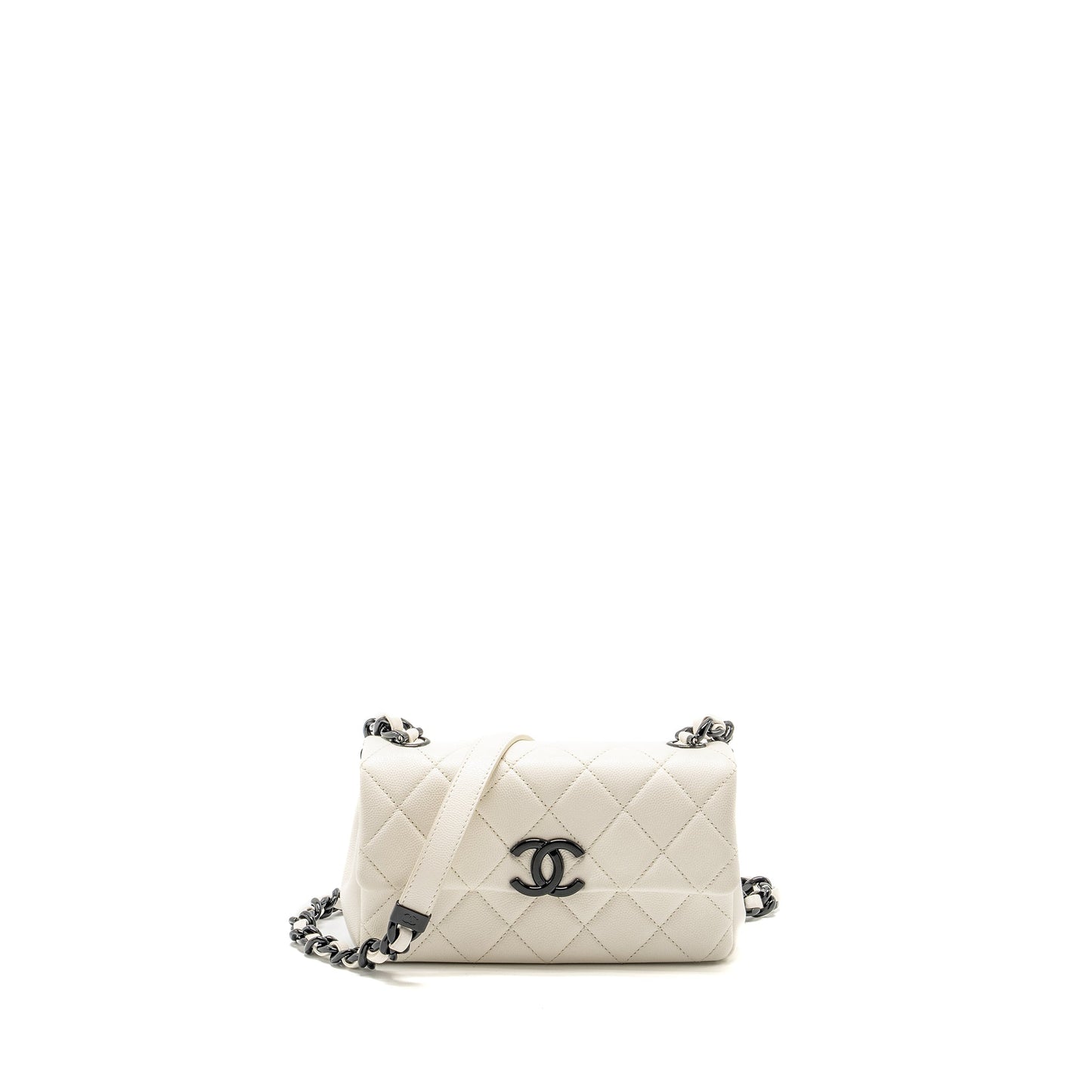 Chanel My Everything Mini Flap Bag Quilted Caviar White Black Hardware