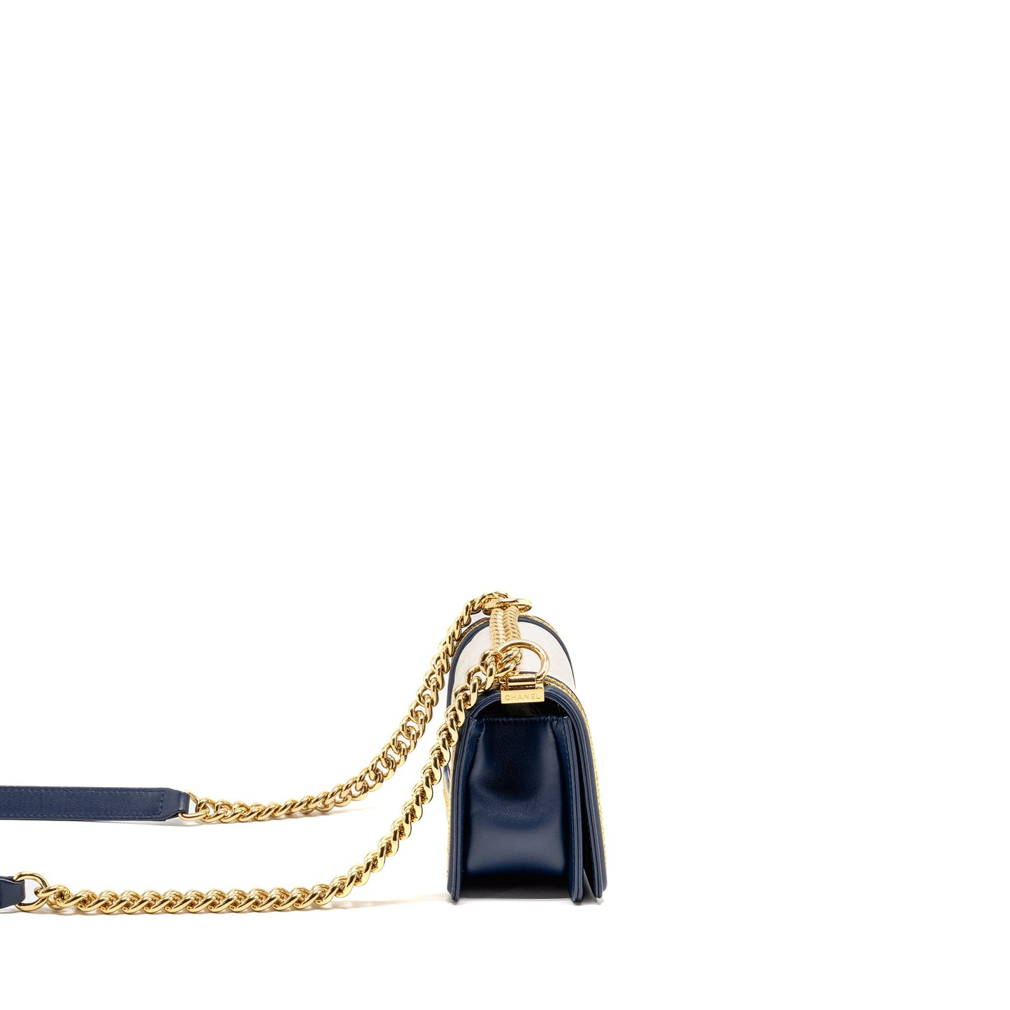 Chanel Small Chevron Boy Bag Calfskin White/Navy GHW