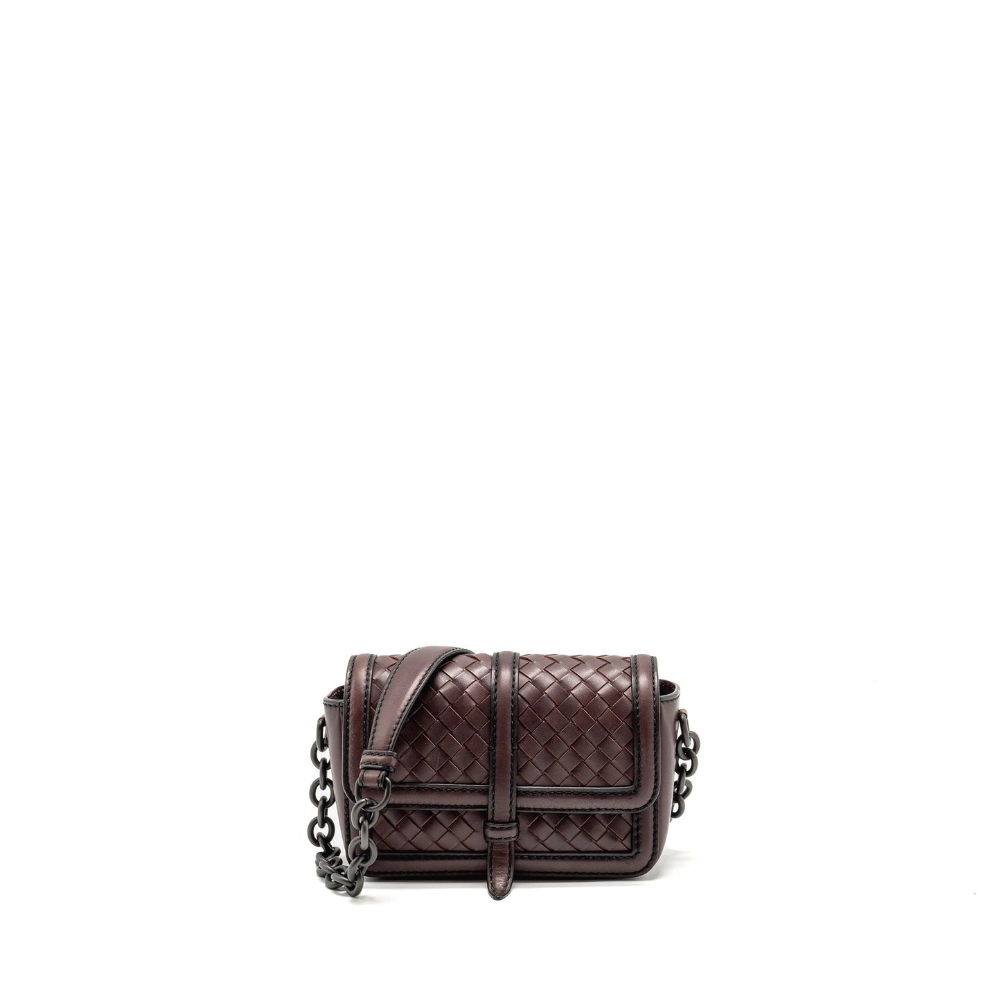 Bottega Veneta Mini Intrecciato Flap Bag Leather Dark Brown with Black Hardware