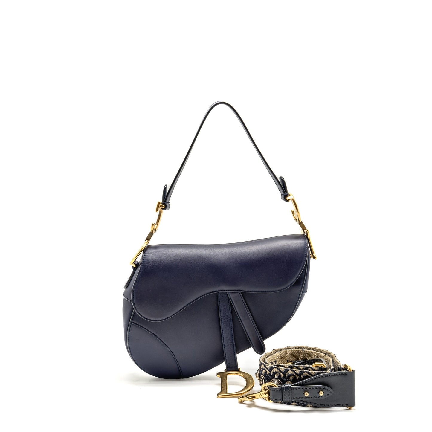 Luxury Dior Medium Saddle Bag Calfskin Navy GHW with Black Oblique Strap