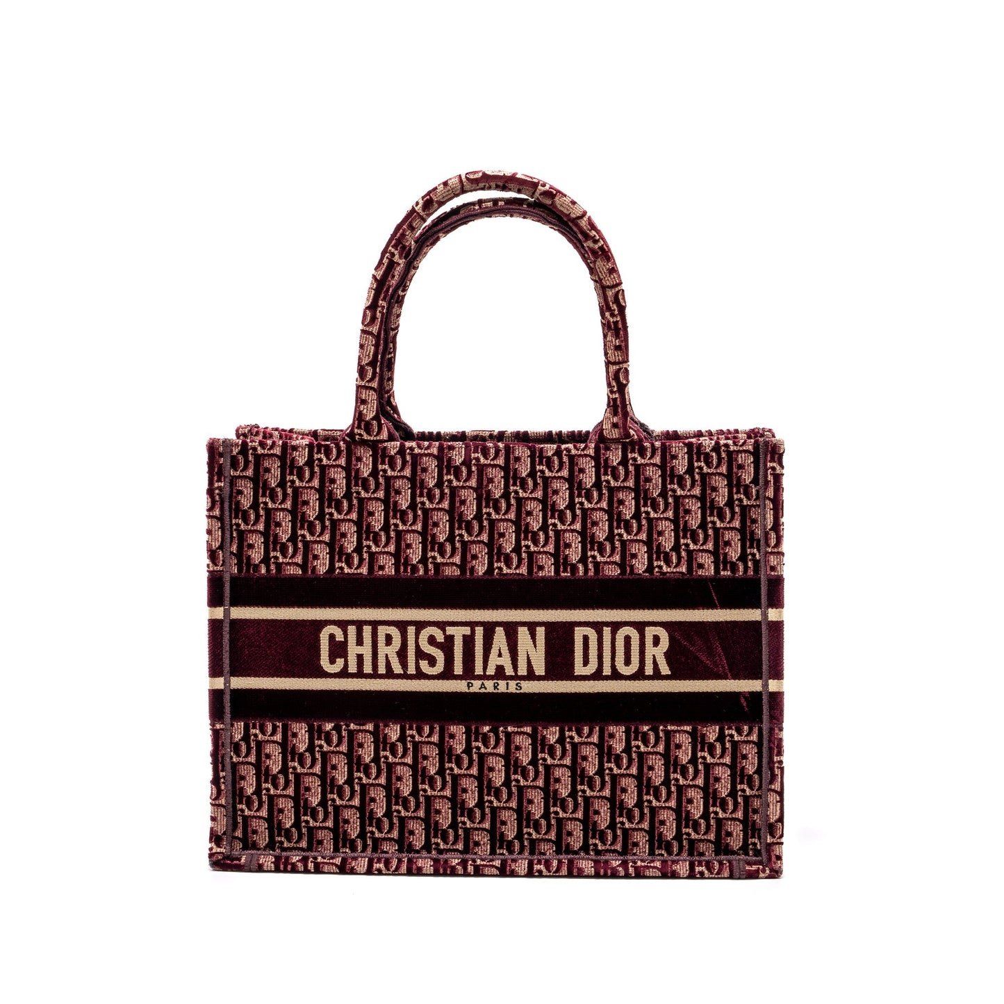 Luxury Dior Medium Book Tote Oblique Embroidery Velvet/ Canvas Dark Red