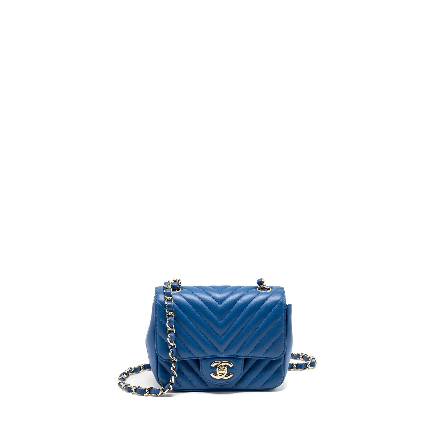 Chanel Mini Square Chevron Lambskin Blue LGHW
