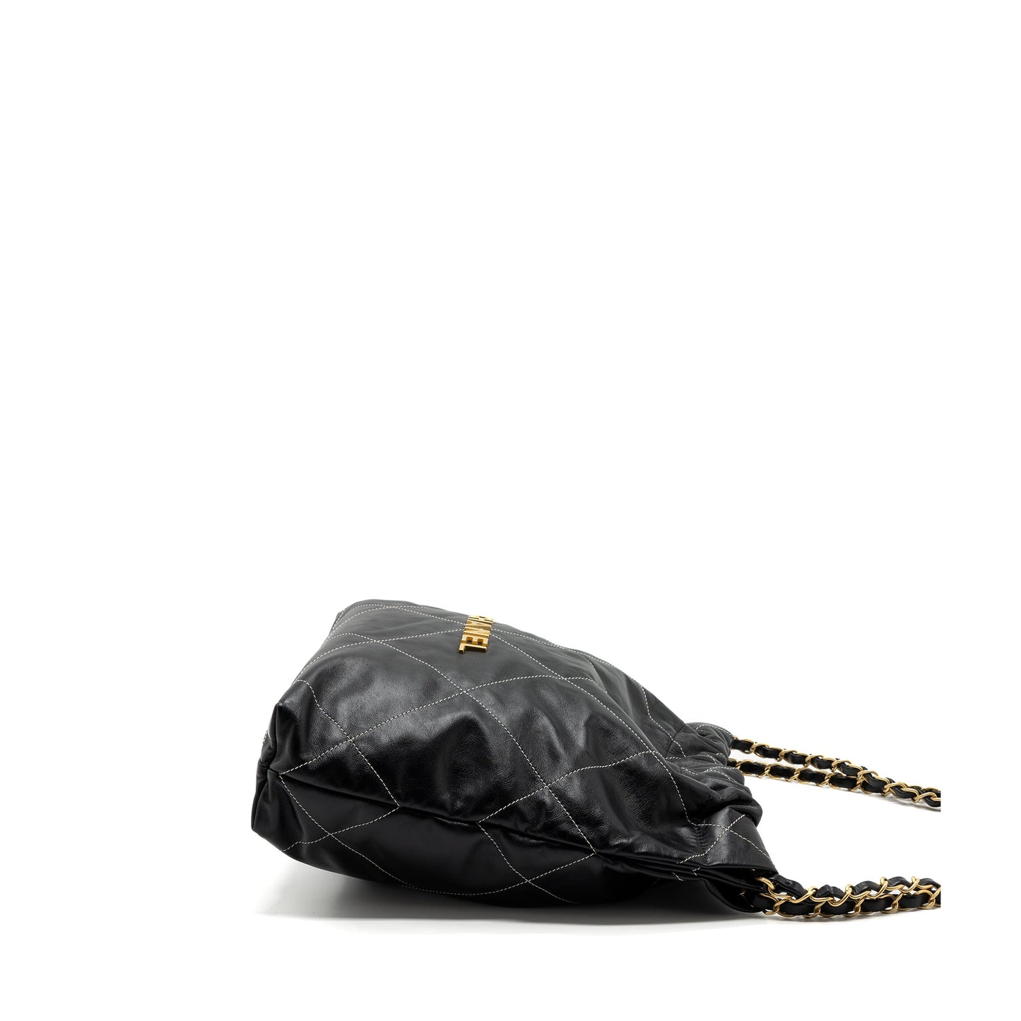 Chanel Small 22 Bag Gold Letter Shiny Calfskin Black Brushed GHW(Microchip)