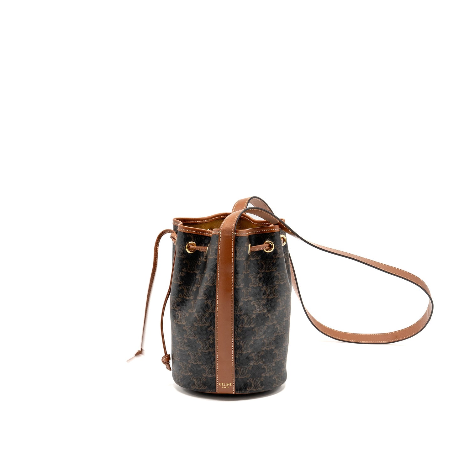 Celine Small Drawstring Bag Triomphe Canvas / Calfskin Tan GHW