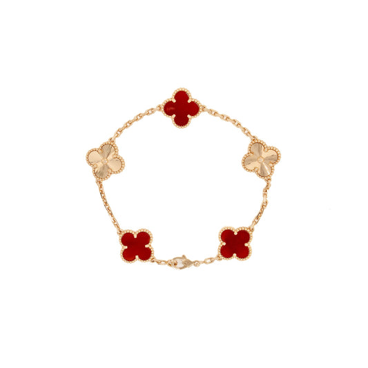 Van Cleef Vintage Alhambra Bracelet 5 Motif Rose Gold, Carnelian