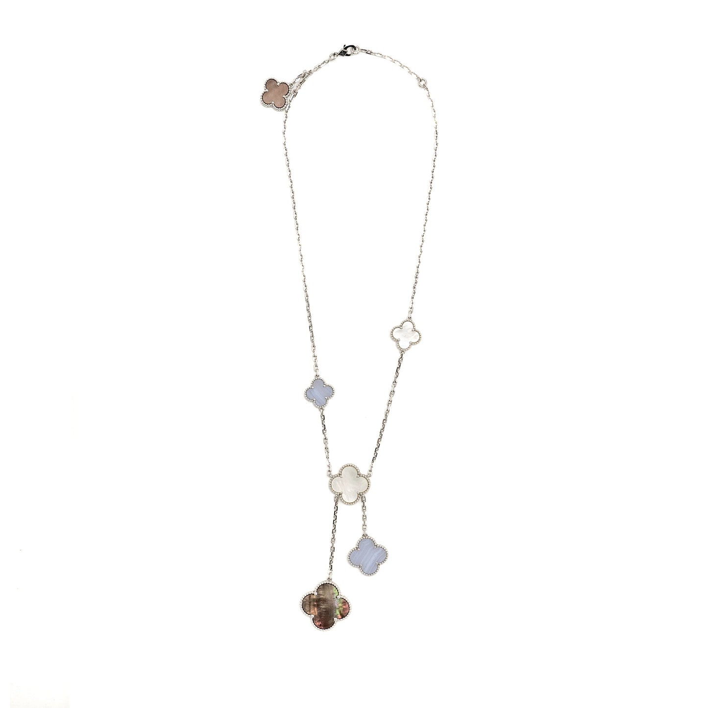 Van Cleef and Arpels magic alhambra necklace, 6 motifs WHITE GOLD/ WHITE AND GREY MOTHER OF PEARL/ CHALCEDONY