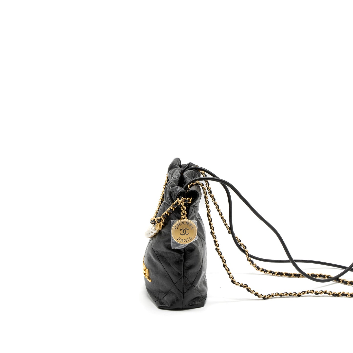 Chanel 23S Mini 22 Bag with Pearl Shiny Calfskin Black Brushed GHW (Microchip)
