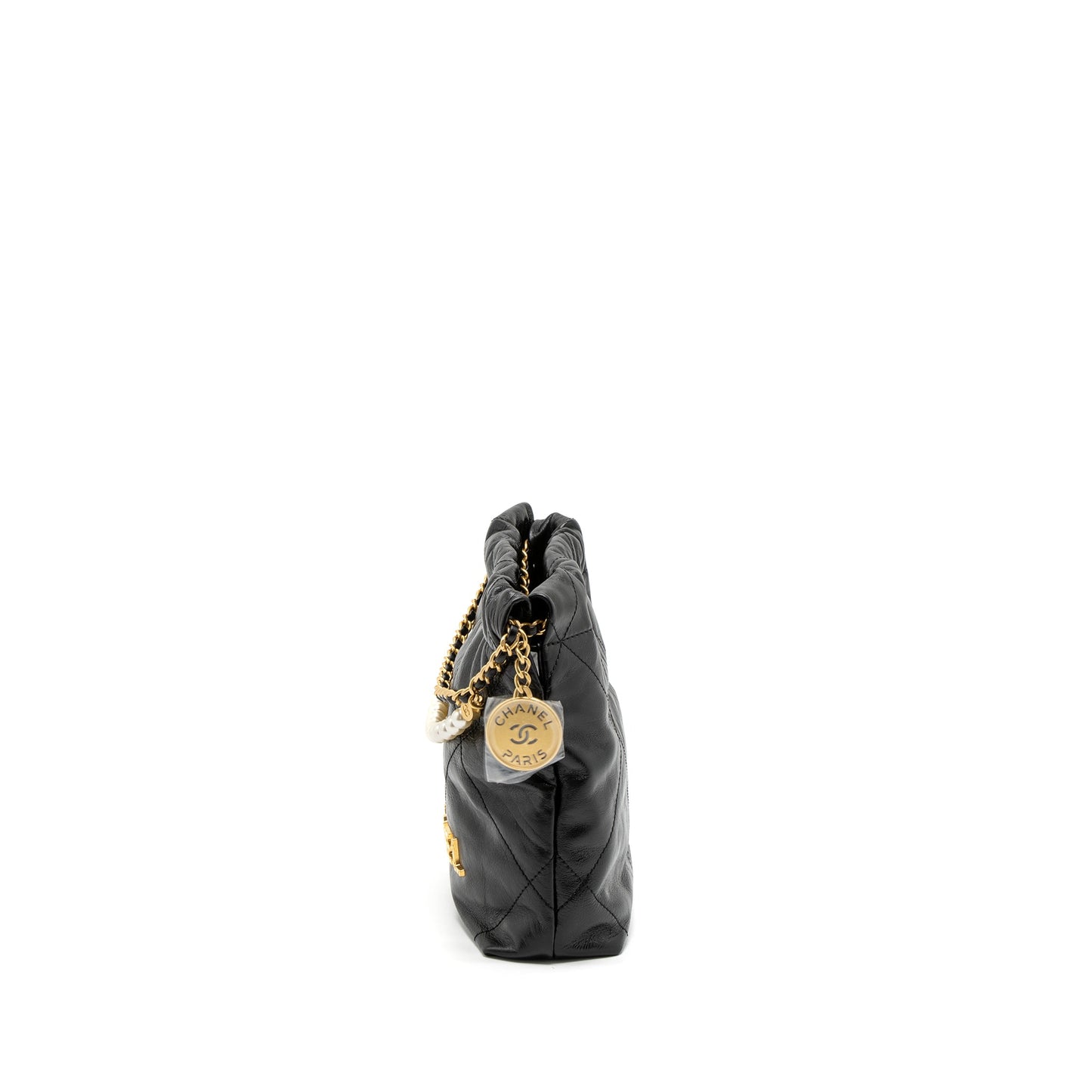 Chanel 23S Mini 22 Bag with Pearl Shiny Calfskin Black Brushed GHW (Microchip)