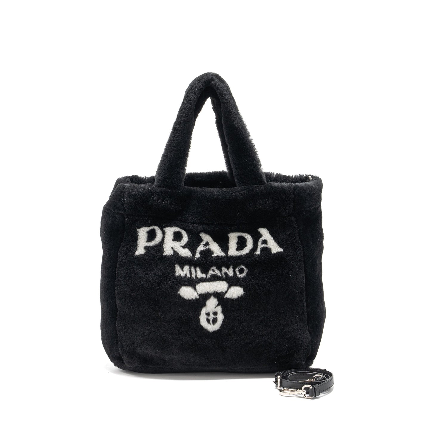 Prada Medium Tote Bag Shearling Black SHW