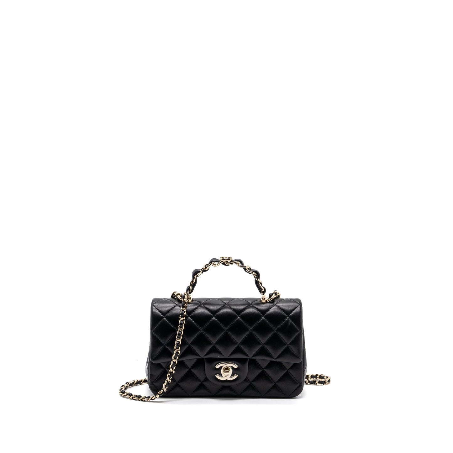 Chanel 23K Leather Chain Top Handle Mini Rectangular Flap Bag Lambskin Black LGHW (microchip)