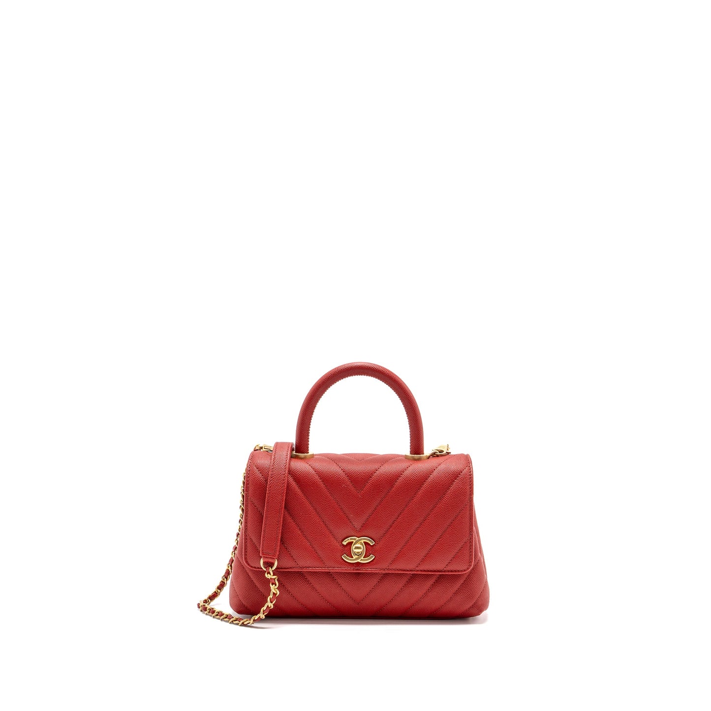 Chanel Small Coco Handle Chevron Caviar Red Brushed GHW