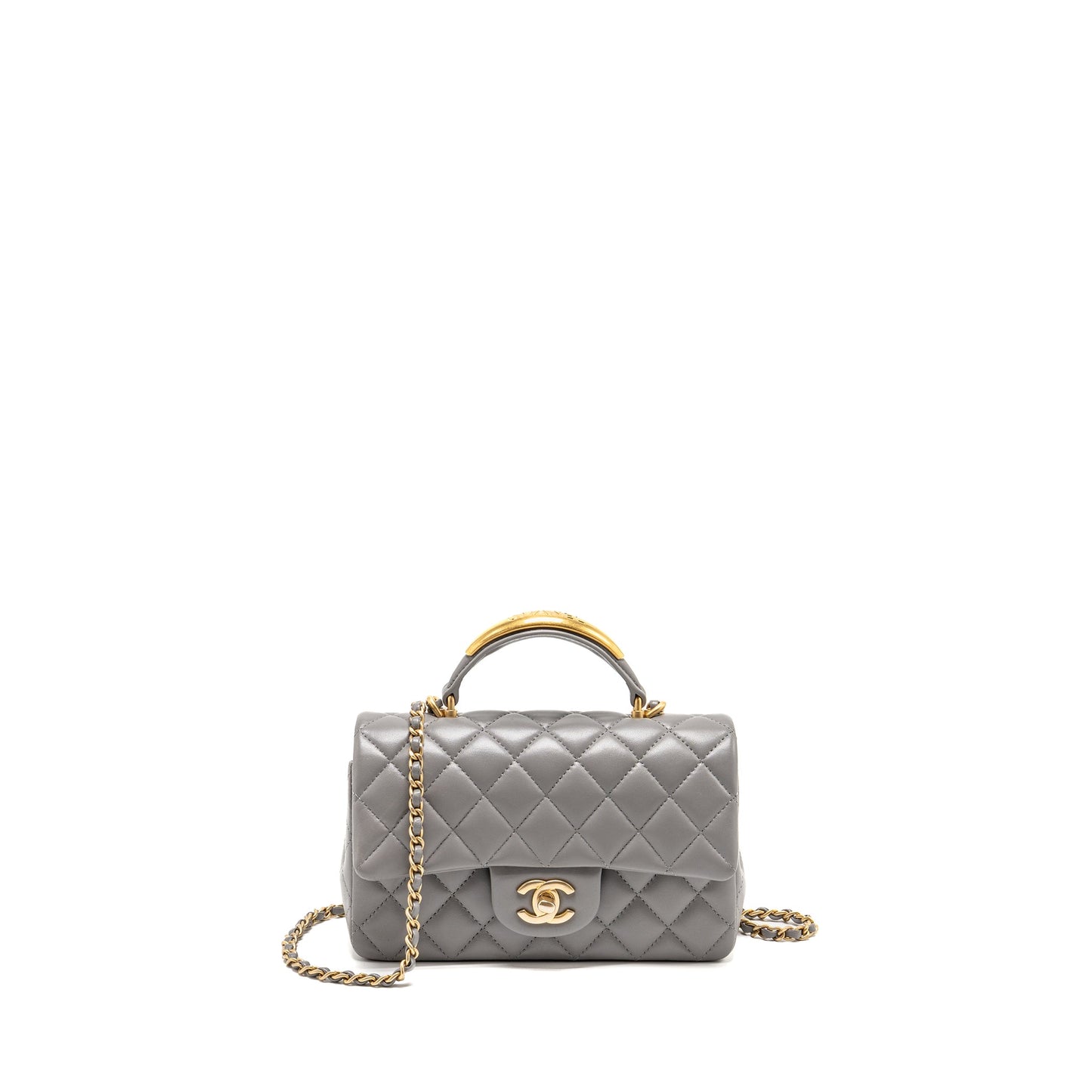 Chanel 22k Metal Top Handle Mini Rectangular Flap Bag Lambskin Grey GHW (Microchip)