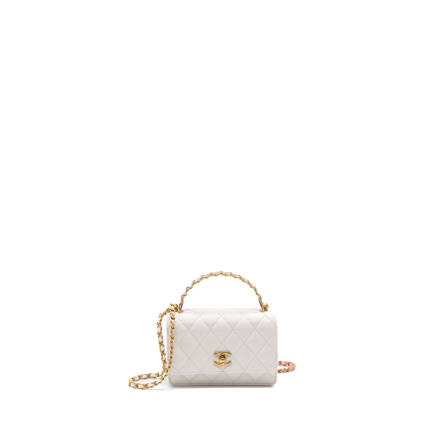 Chanel 23P detailed top handle mini wallet with chain calfskin white / multi color brushed GHW (microchip)