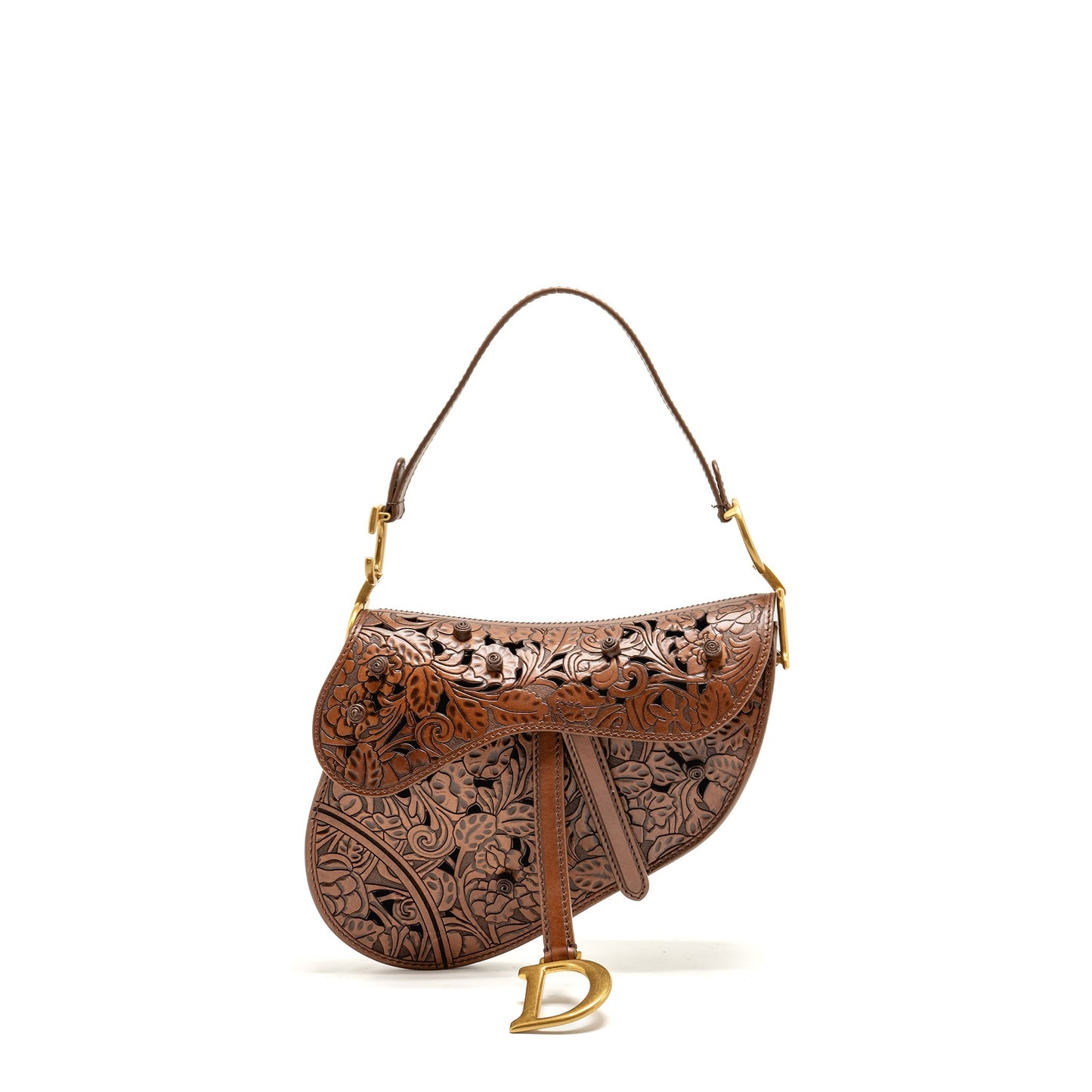 Luxury Dior Medium Saddle Bag Laser-cut Floral Calfskin Brown GHW