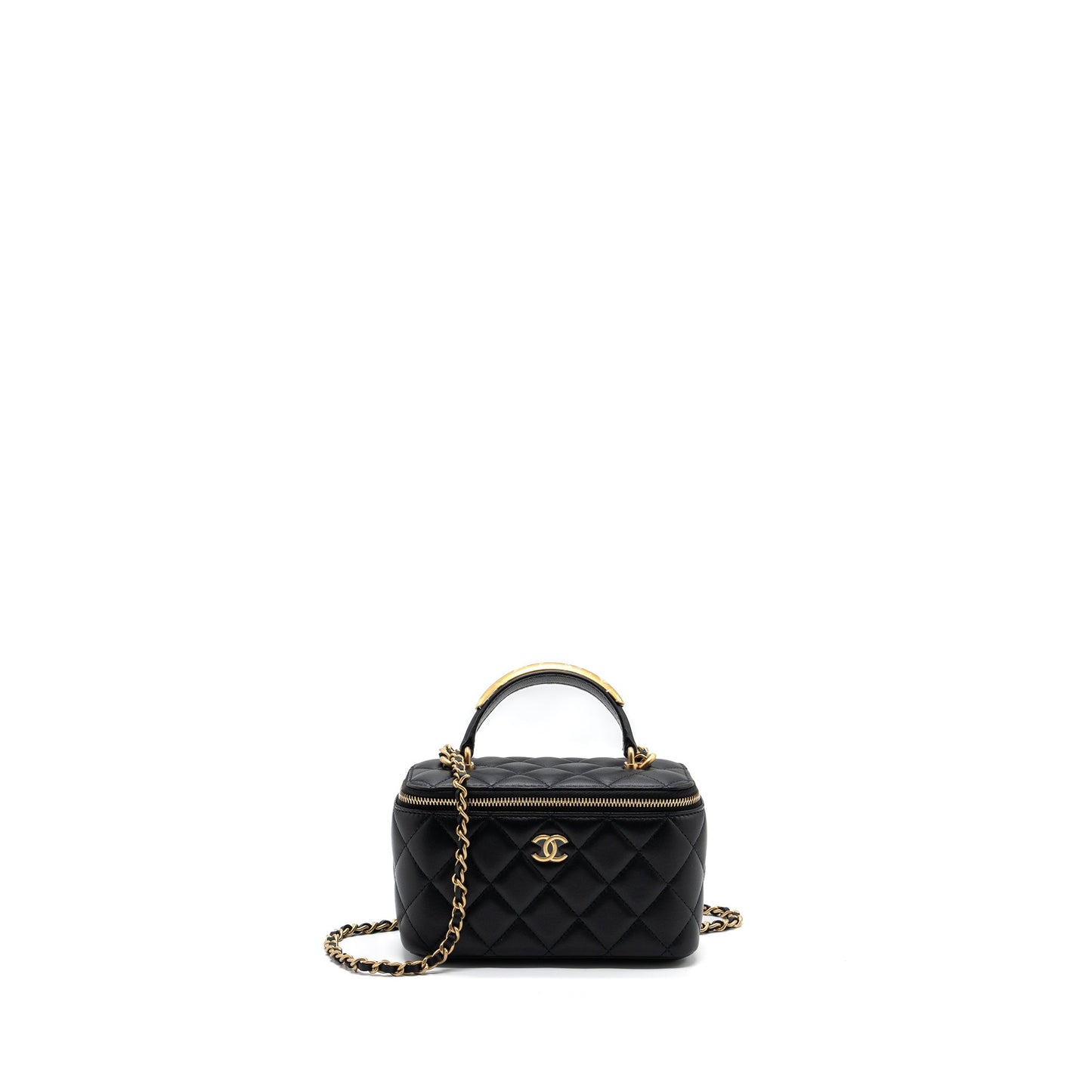 Chanel top handle long vanity with chain lambskin black GHW (microchip)